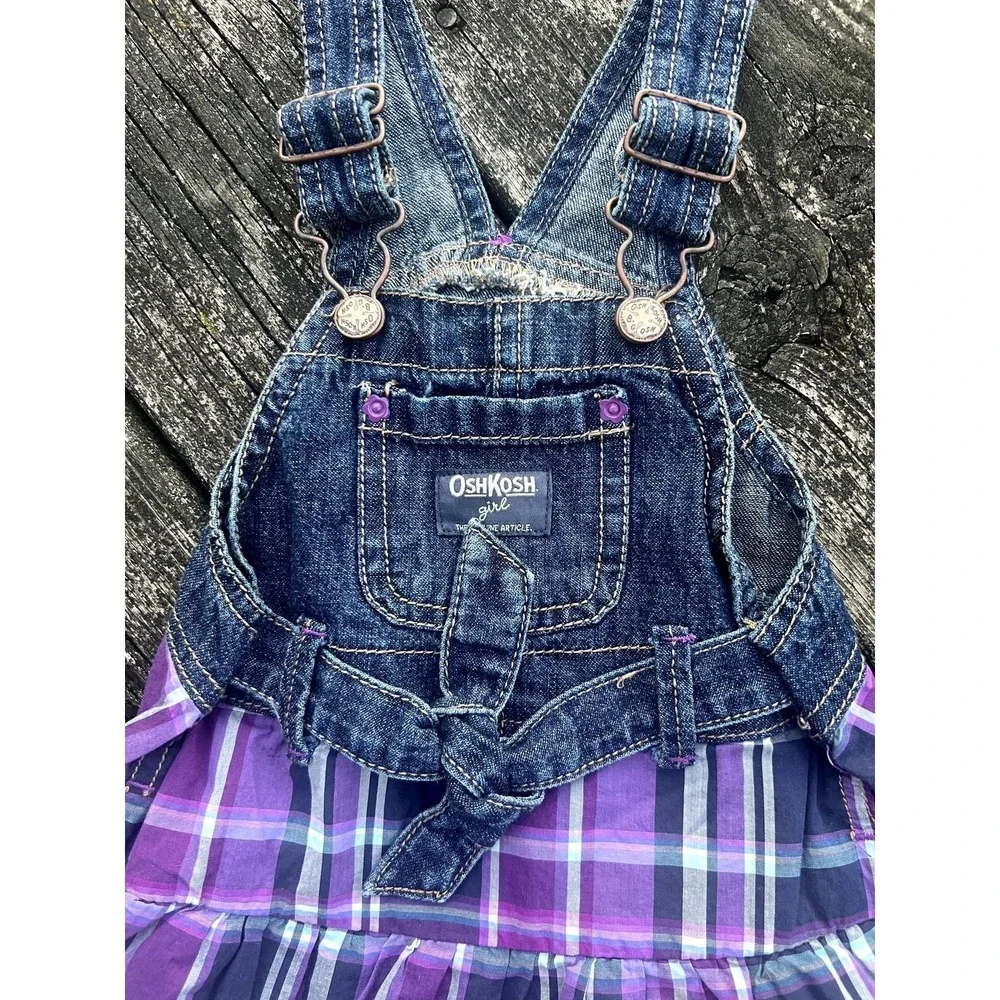 OshKosh B'gosh Overall Dress‎ Kids 18 Months Purple Plaid Denim EUC